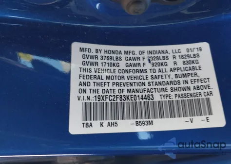 2019 Honda Civic Sport from USA, damaged, VIN 19XFC2F83KE014463